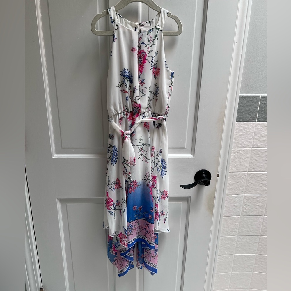 Zunie Floral High Low Dress - White, Blue, and Pink
